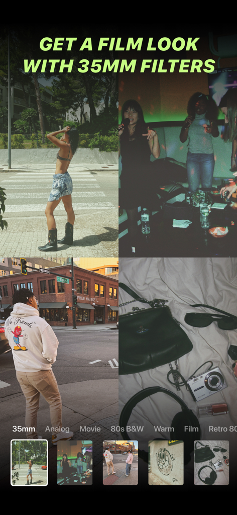 ISM app interface displaying a collage of photos with 35mm film look filters applied.