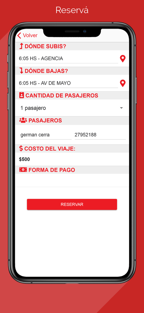 Expreso Castelar - Interfaz móvil de la aplicación Expreso Castelar que muestra un formulario de reserva de viaje con detalles de ubicación, pasajero y costo.