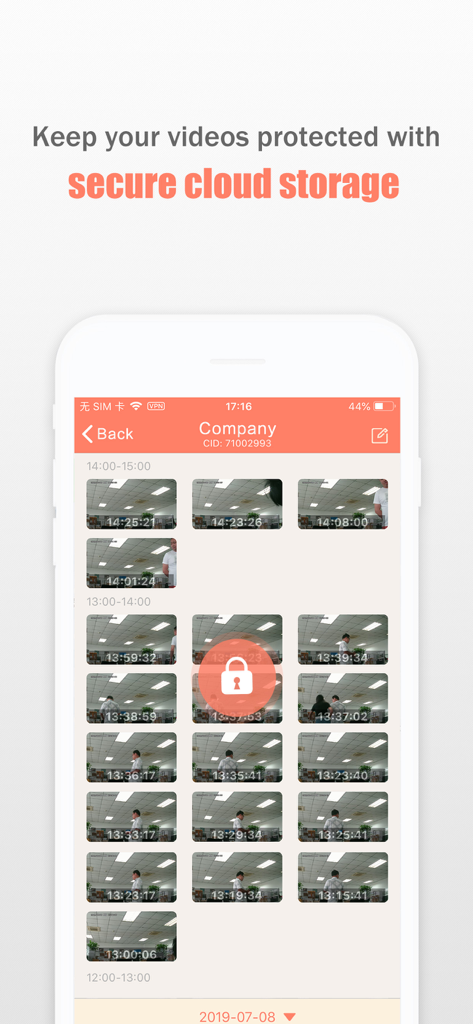 Interfaz de la aplicación Athome Camera Pro mostrando grabaciones de video protegidas con almacenamiento seguro en la nube