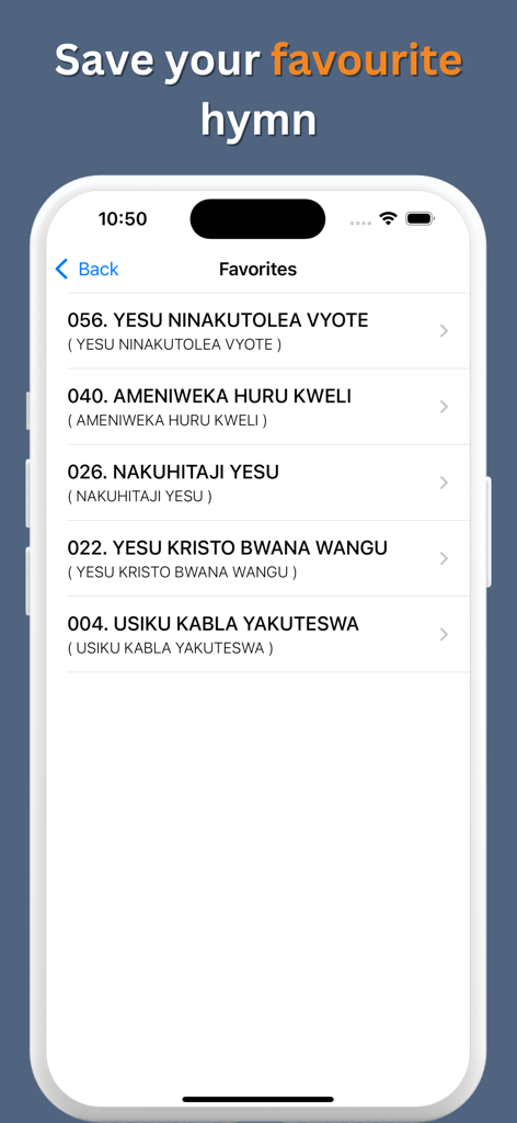 Nyimbo Za Wokovu - Favorites screen of the Nyimbo Za Wokovu app showing a list of saved Swahili hymns