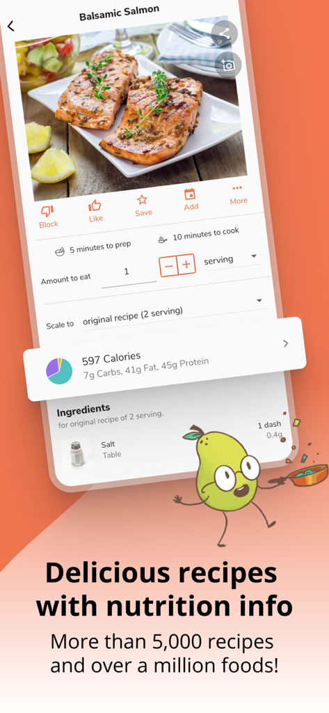 Gesundes Rezeptbildschirm in der Eat This Much App, der Kalorien- und Makronährstoffinformationen für Balsamico-Lachs anzeigt.