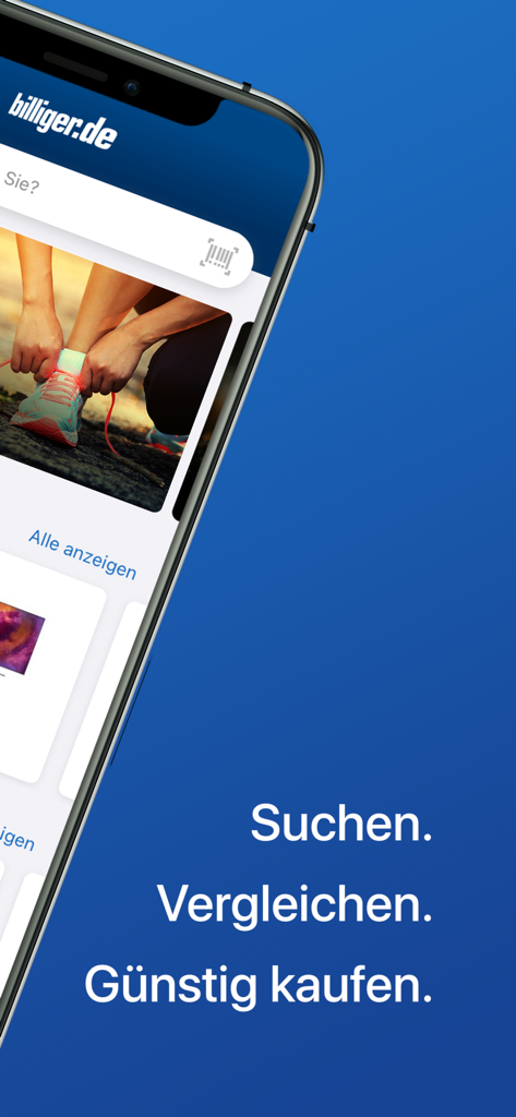 billiger.de price comparison app on a smartphone showing search and compare features