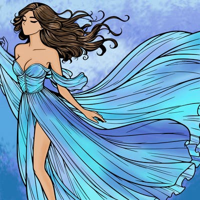 realistic woman in dress flowing the the wind