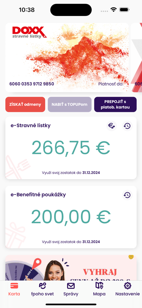 Dashboard of the fpoho app showing digital meal voucher and benefit balances in Euros with a DOXX branded card