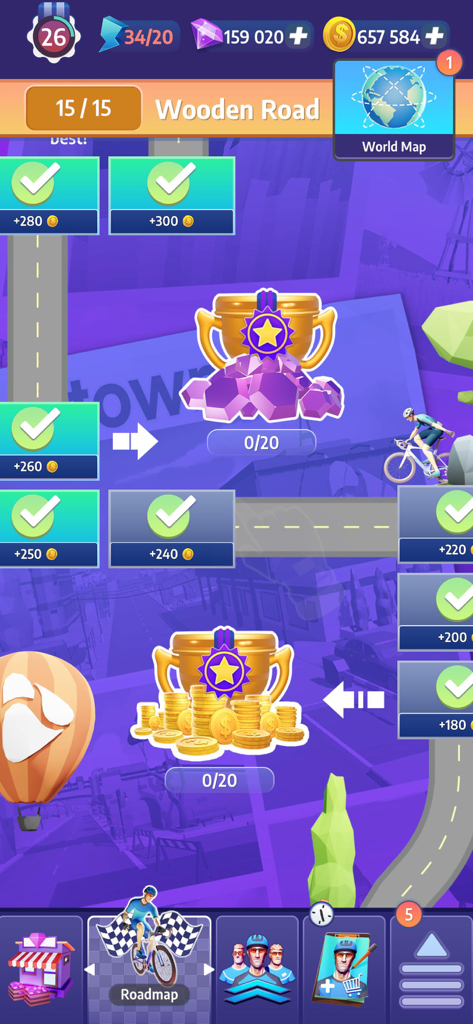 Tour de France Cycling Legends - 나무 도로 단계에 대한 트로피와 보상이 있는 레벨 진행 로드맵을 보여주는 게임 화면.