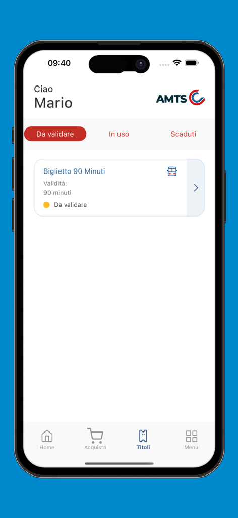 AMTS Smart Ticketing - Interfaz de la aplicación AMTS Smart Ticketing que muestra un billete de autobús de 90 minutos comprado para el transporte de Catania.