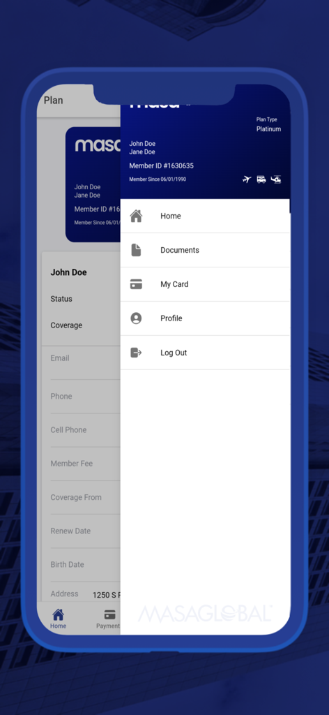MASA Global - Side navigation menu in the MASA Global app showing membership options and platinum plan details
