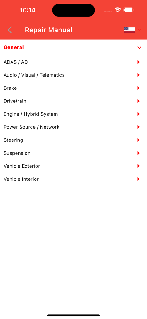 TOYODATA - TOYODATA app screen displaying car repair manual categories like engine drivetrain and steering