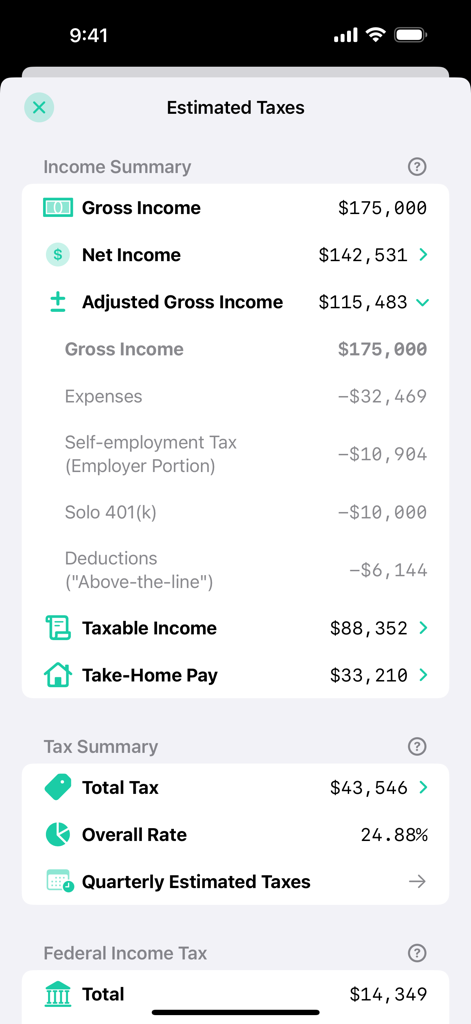 Estimated taxes summary screen in the Taxatio app showing income details and total tax calculations