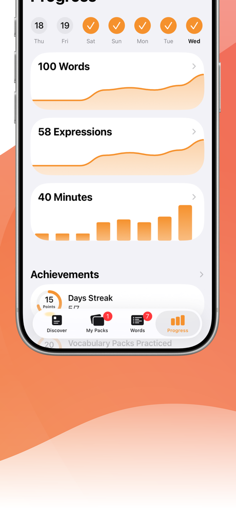 Screenshot della dashboard dei progressi dell'app Lengo che mostra il conteggio del vocabolario, le espressioni apprese e una serie di 15 giorni.