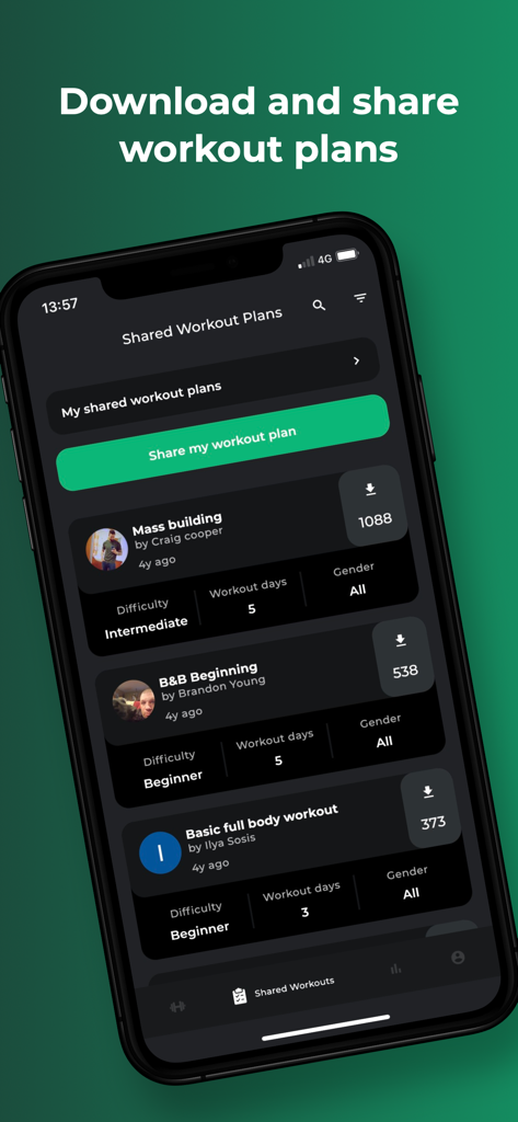 Mobile screen displaying a list of community shared workout plans for different fitness levels