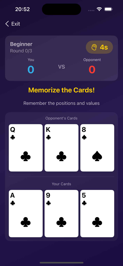 Interfaz de CardRecallSolo durante la fase de memorización de cartas