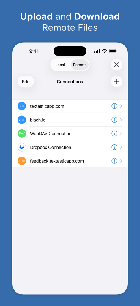 Textastic Code Editor - Textastic app screen showing remote server connections for SFTP WebDAV and Dropbox