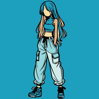 girl in baggy pants crop top and long hair