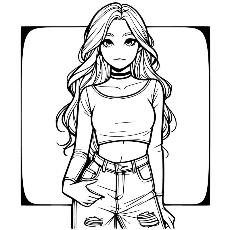 a realistic girl in a crop top and ripped jeans with long hair