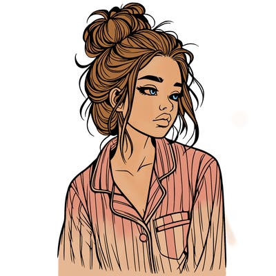 realistic woman with pajamas on and a messy bun