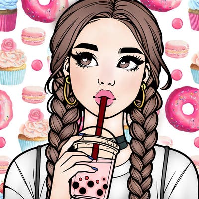 realistic girl with braided hair drinking boba
