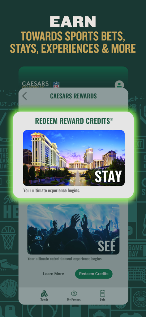 Caesars Sportsbook - Caesars Sportsbookアプリのインターフェース。高級ホテル滞在やエンターテイメント体験のためのCaesars Rewardsポイント交換を表示しています。
