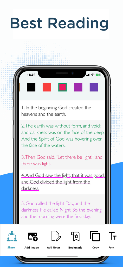 NKJV Bible Holy Version Revise - Smartphone screen displaying NKJV Bible verses with color highlights and reading tools like notes and bookmarks.
