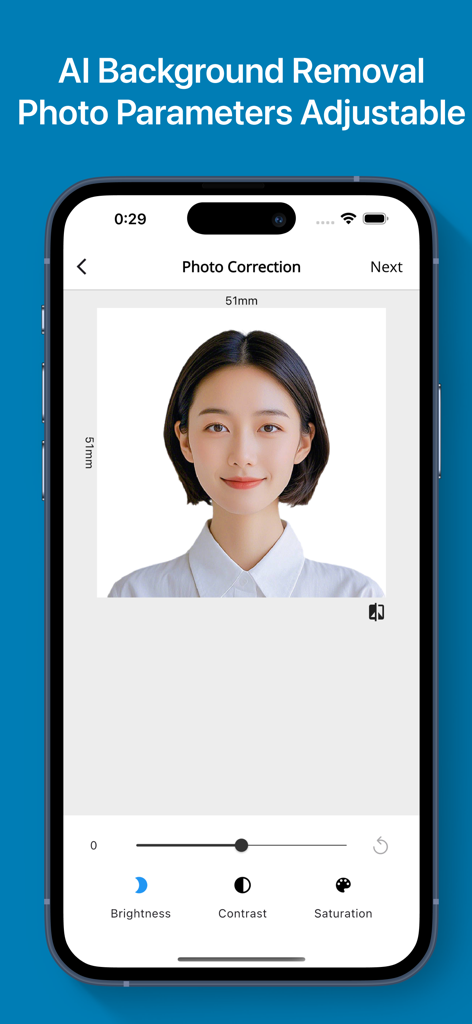 Passport Photo-ID Photo Snap - Pantalla de smartphone mostrando corrección de fotos de identificación con deslizadores de brillo y contraste