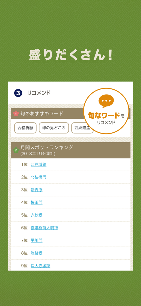 大江戸今昔めぐり - Oedo Konjaku Meguri App-Oberfläche zeigt eine Rangliste beliebter historischer Orte und empfohlene Suchbegriffe.