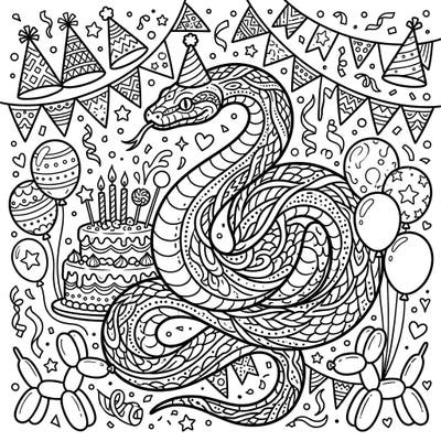 Unleash your creativity with this unique dot work snake coloring page, set amidst a lively birthday party scene. Explore intricate patterns and festive details as you bring this celebration to life with your favorite colors.