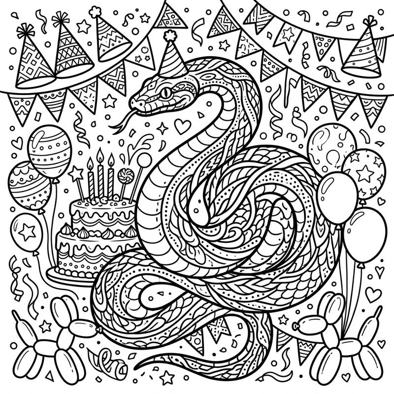 Unleash your creativity with this unique dot work snake coloring page, set amidst a lively birthday party scene. Explore intricate patterns and festive details as you bring this celebration to life with your favorite colors.