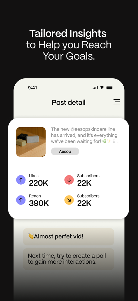 Carl for Social - Carl for Social app interface showing social media post analytics and performance tips