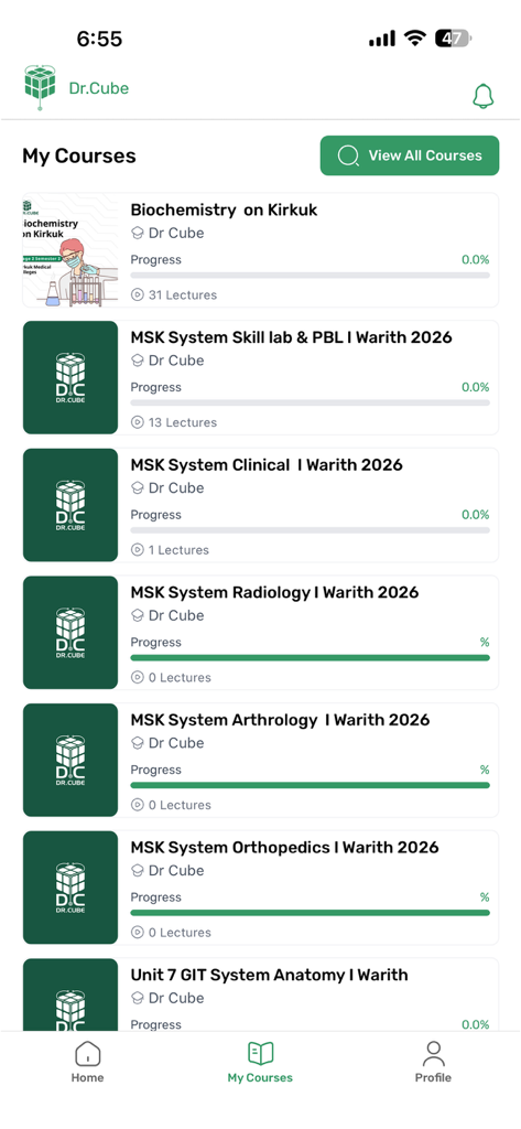 Dr. Cube - My Courses screen in Dr. Cube app displaying a list of medical and university subjects with progress bars and lecture counts.