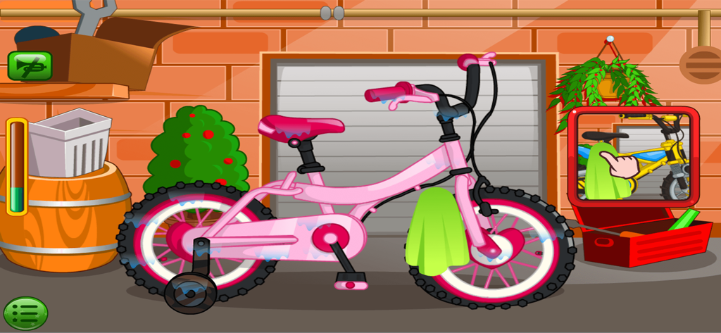 Clean Up, Bike Car Wash Games - Una bicicleta rosa de dibujos animados siendo secada con un paño verde en un taller de garaje