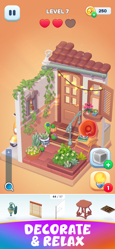 Decolore - Jogabilidade de Decolore mostrando um nível de decoração de sala 3D isométrico