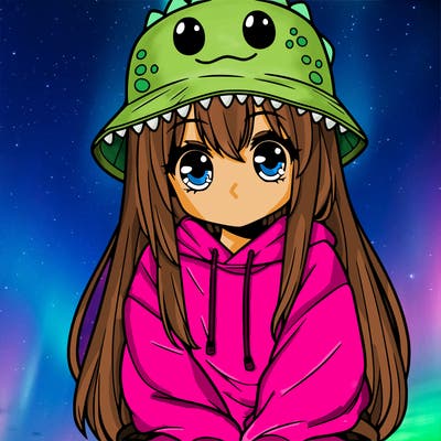 girl with anime shaped eyes with a dinosaur bucket hat oversized sweatshirt long straight hair