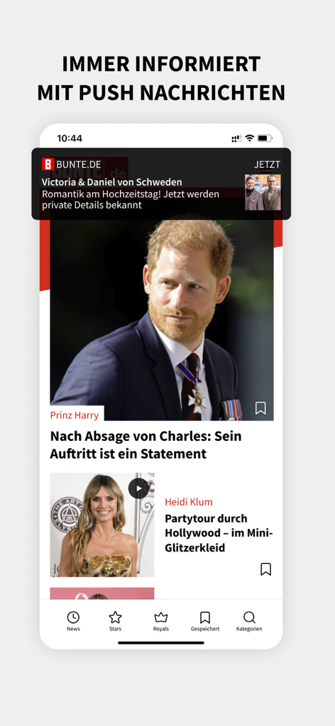 BUNTE.de – Stars & Royals News - Interfaccia dell'app BUNTE.de che mostra una notifica push e un feed di notizie con articoli sul Principe Harry e Heidi Klum