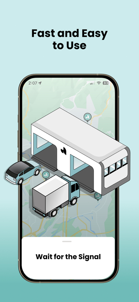 Ample App - Ample app interface showing an illustration of a vehicle battery swapping station with the text Fast and Easy to Use.