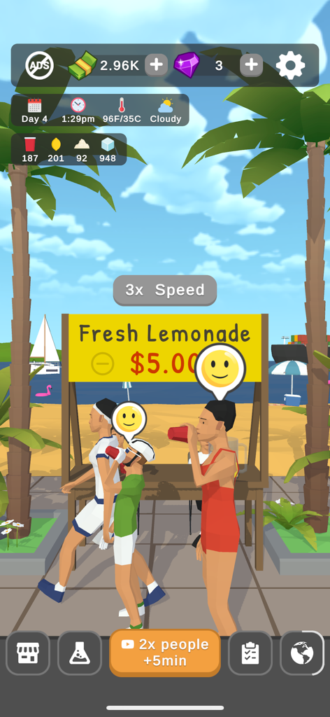 Cool Lemonade Stand - Gameplay of Cool Lemonade Stand showing customers buying drinks at a beach location for five dollars