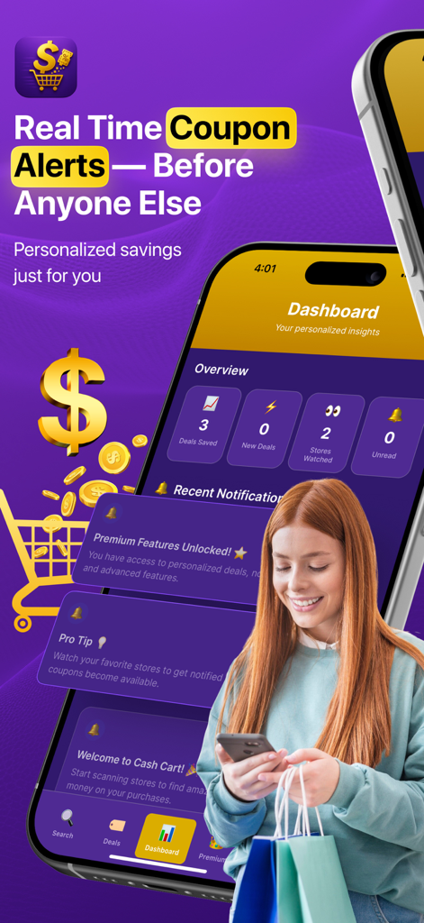 Cash Cart AI Coupon Finder - Una mujer joven sosteniendo bolsas de compras mientras usa la aplicación Cash Cart AI para alertas de cupones en tiempo real y ahorros personalizados.