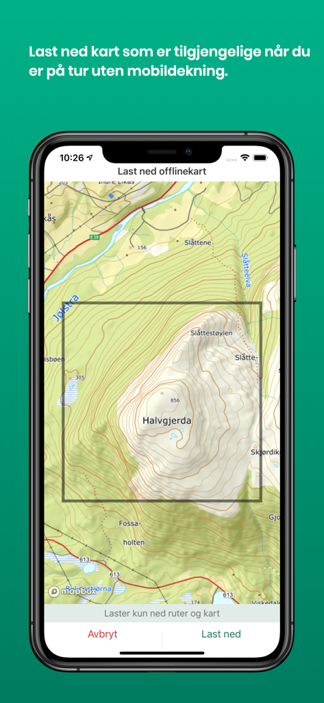 Interface of the UT.no app showing the process of selecting and downloading topographic maps for offline use