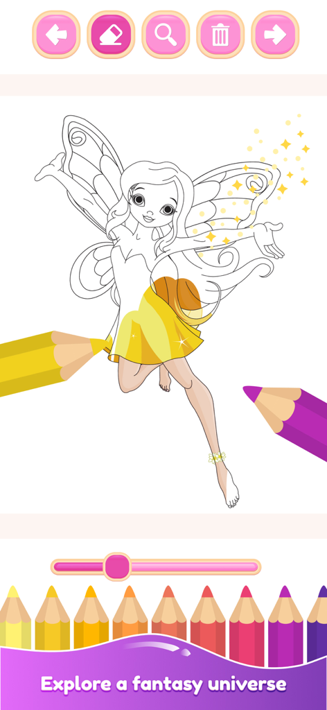 Drawing game for girls - Digital coloring interface showing a fairy being colored with yellow and purple pencils