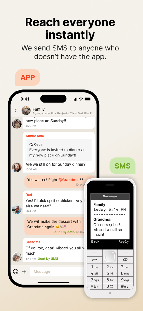 Supertext Messenger - A smartphone running Supertext Messenger and an older feature phone receiving a group message via SMS