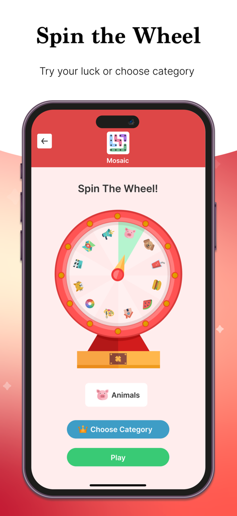 Word Search Colorful - A spin the wheel interface in the Word Search Colorful app for selecting puzzle categories like animals.