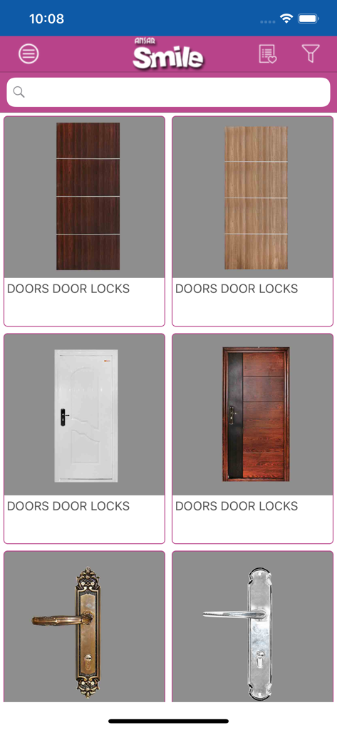 Ansar Smile app screen showing a catalog of various wooden doors and metal door locks