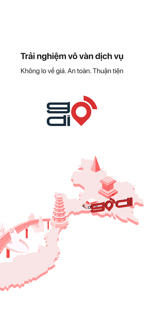 Godi - Godi super app logo and illustrated map of Vietnam for travel and delivery services