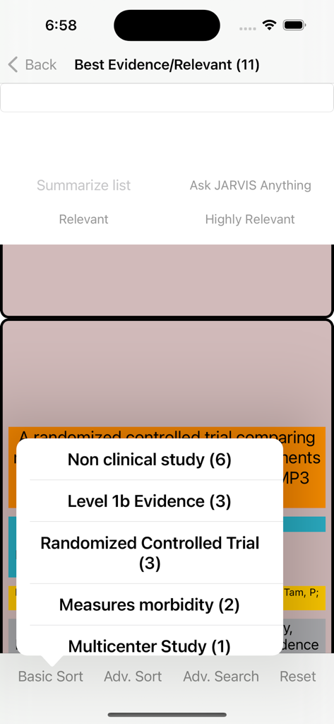 iSearch Biomed - iSearch Biomed app showing a list of PubMed research papers categorized by evidence level and study type such as randomized controlled trials.