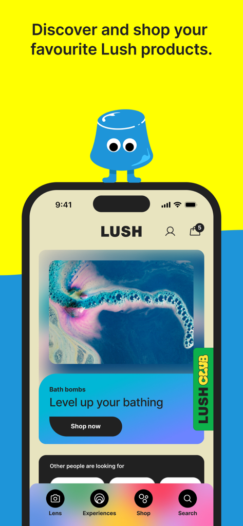 Lush mobile app interface showing bath bomb products and shopping features.