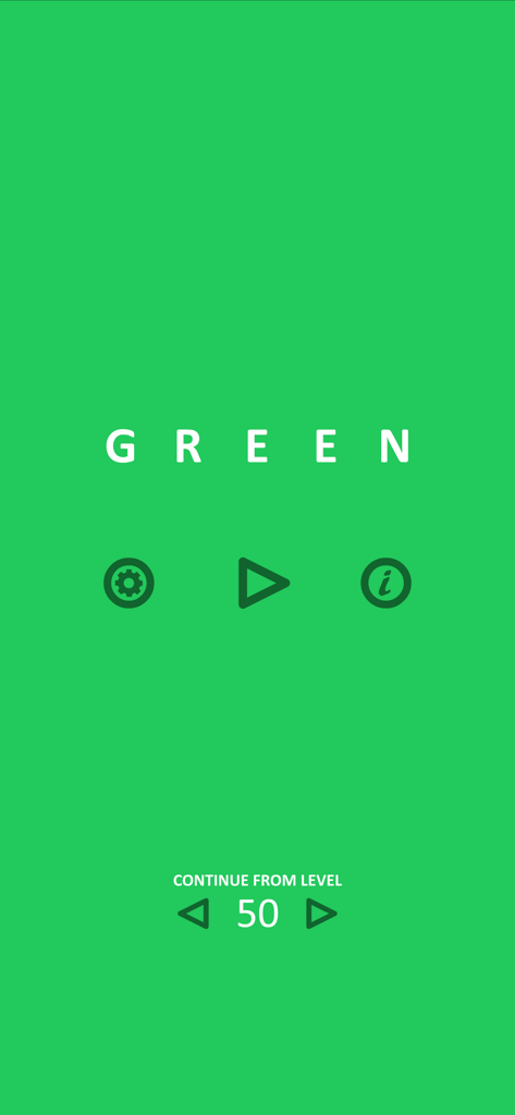 Menu principal minimalista do jogo de quebra-cabeça green mostrando a seleção do nível 50.