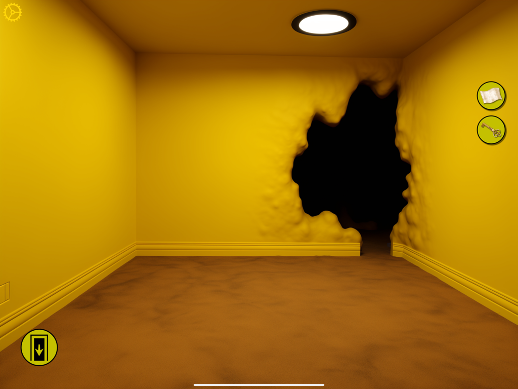 The Backrooms - Jogabilidade point and click em The Backrooms mostrando uma sala amarela com um grande buraco na parede.