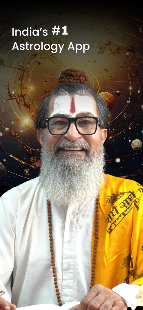 Astrotalk - Talk to Astrologer - Portrait of an experienced Vedic astrologer in traditional attire against a cosmic background featuring planets and an astrological wheel.