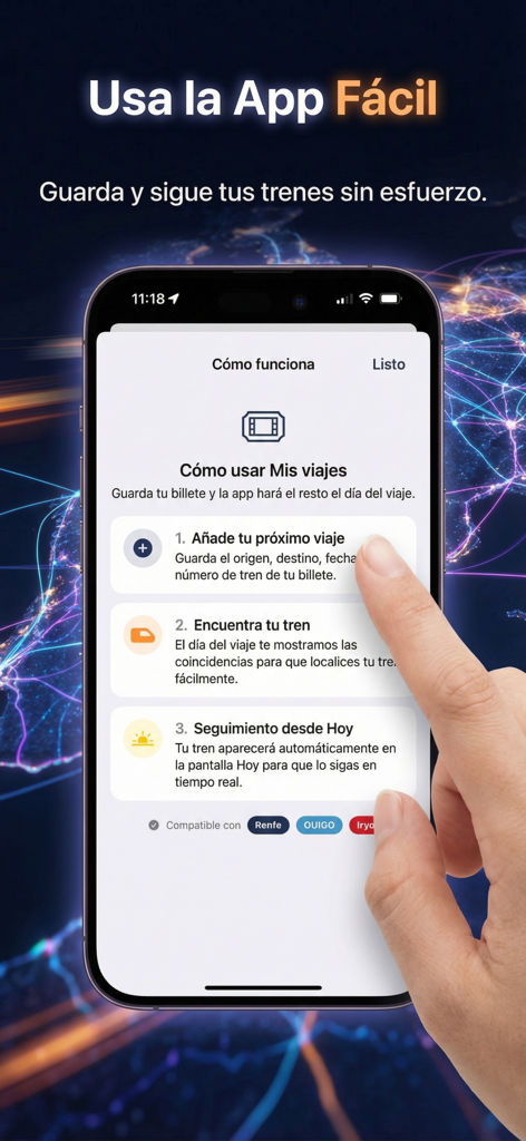 Spain Trains Live Map & Travel - Écran d'iPhone montrant comment ajouter et suivre des trajets en train dans l'application Spain Trains Live Map.