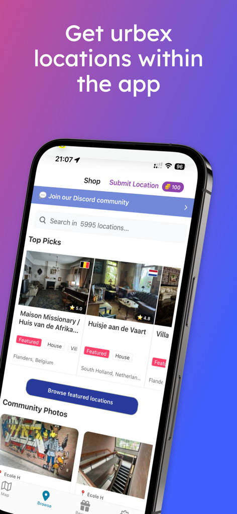 UrbexVault - UrbexVault app interface showing featured abandoned locations and community photos on a smartphone screen.