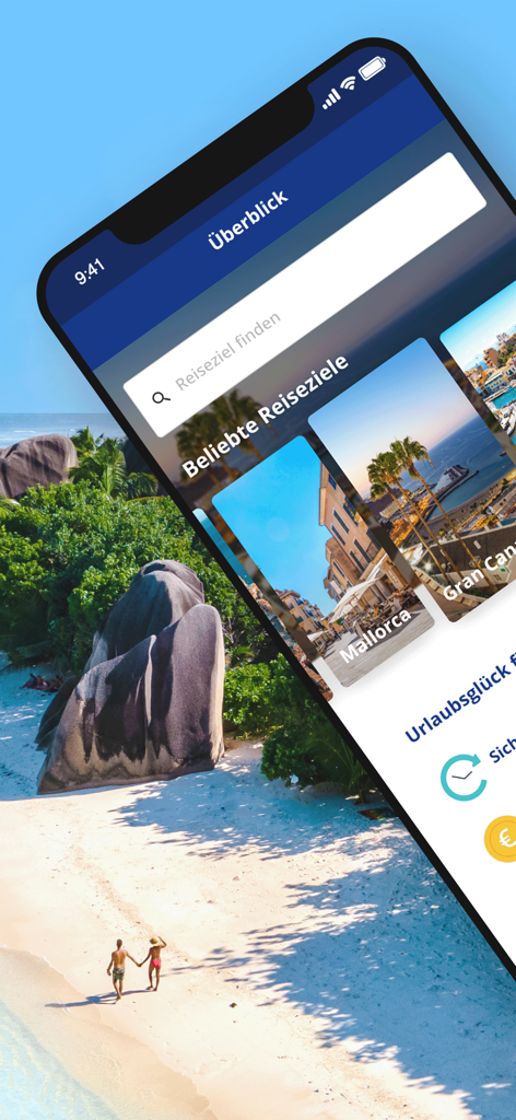 ab in den urlaub: Reise buchen - Pantalla de smartphone de la aplicación de viajes ab in den urlaub mostrando la búsqueda de destinos y lugares de vacaciones populares como Mallorca.